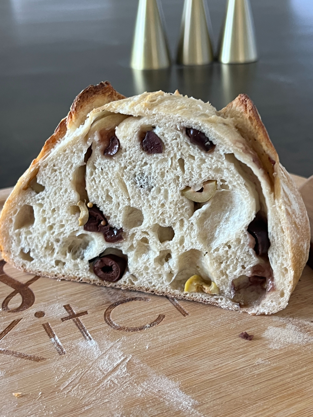 Olive sourdough bread cross-section