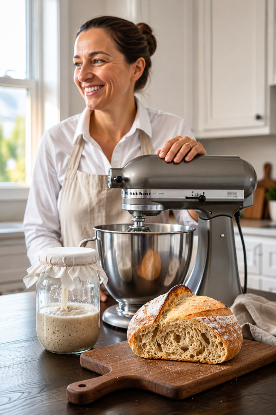 Viktoriya in her kitchen with sourdough bread