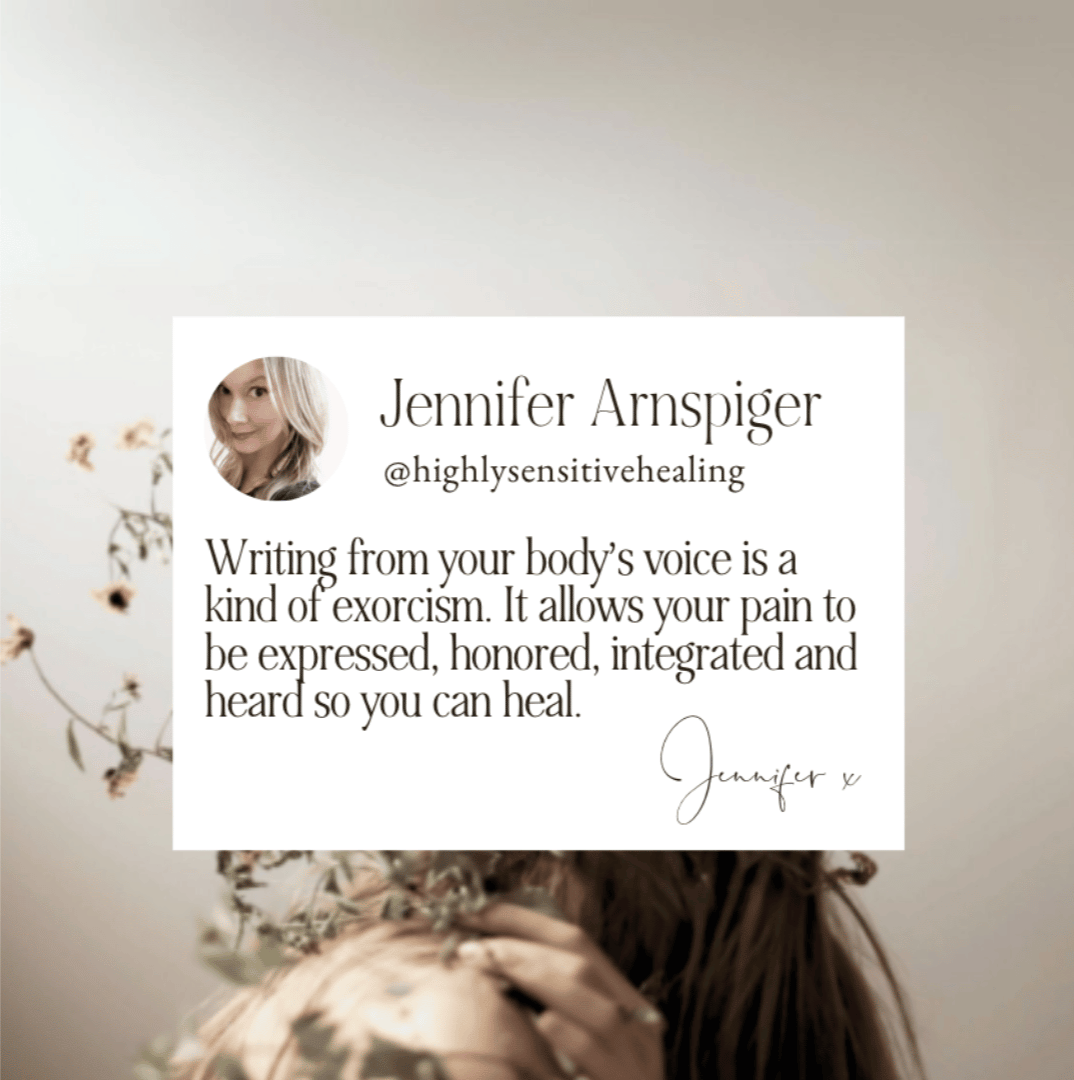 A graphic quote card overlaying a portrait of Jennifer Arnspiger. The text reads: Writing from your body's voice is a kind of exorcism. It allows your pain to be expressed, honored, integrated and heard so you can heal. Signed by Jennifer