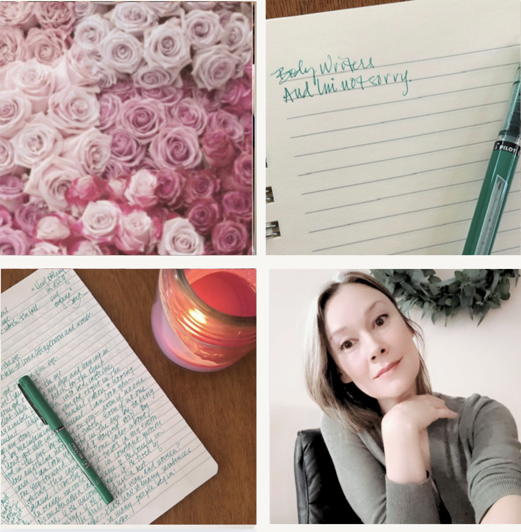 collection of 4 instagram tiles of morning journaling with a notebook, jennifer arnspiger and writing the body
