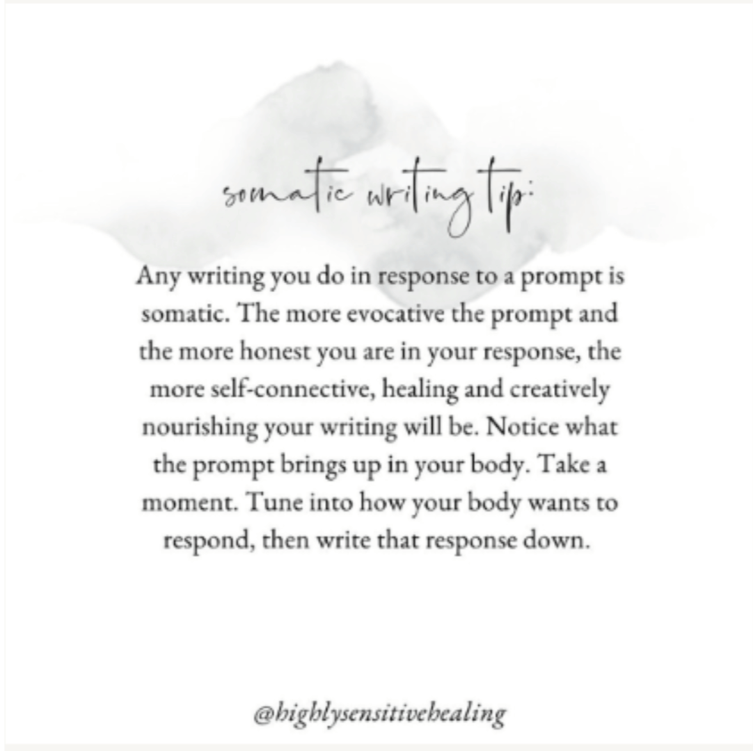 A graphic quote card with a soft grey watercolor wash at the top. The elegant script heading reads: somatic writing tip. The main body text reads: Any writing you do in response to a prompt is somatic. The more evocative the prompt and the more honest you are in your response, the more self-connective, healing and creatively nourishing your writing will be. Notice what the prompt brings up in your body. Take a moment. Tune into how your body wants to respond, then write that response down. The footer text reads: at highly sensitive healing.