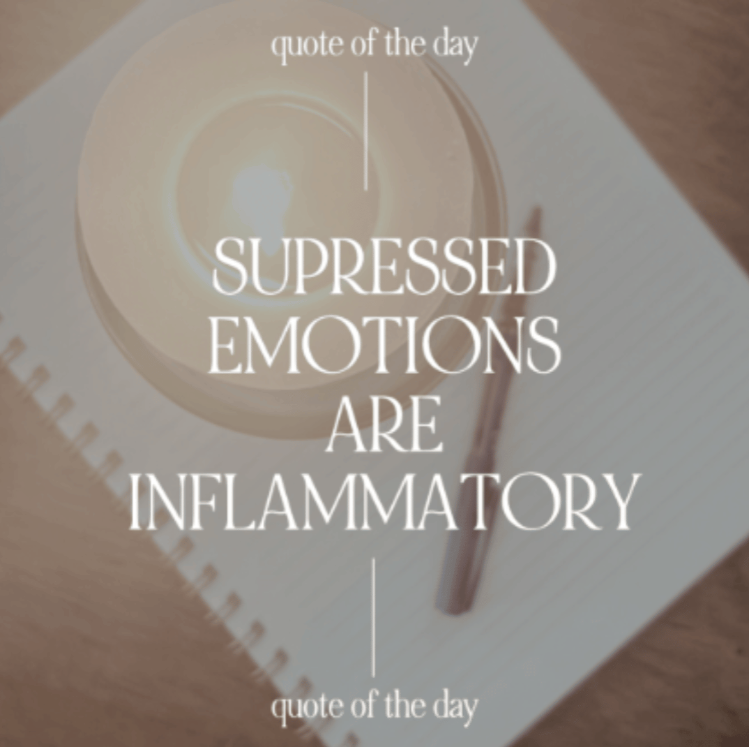 Instagram tile with quote Suppressed Emotions Are Inflammatory overlaid on a blank notebook page with lit candle and pen