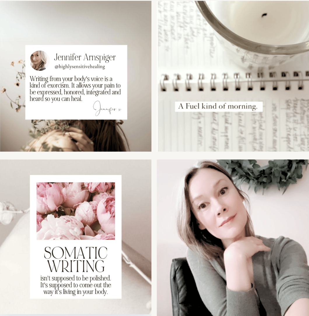 collection of 4 instagram tiles of morning journaling with a notebook, jennifer arnspiger and writing the body