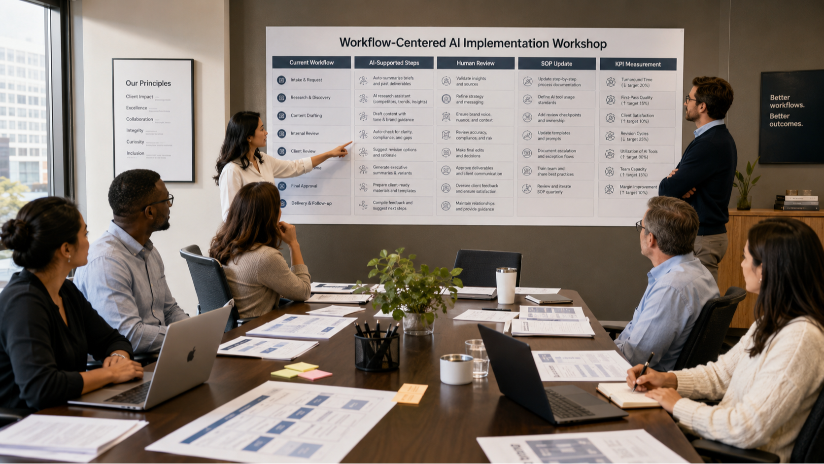 Executive leaders examine AI workflow opportunities, data readiness, use-case priorities, pilot candidates, and baseline metrics before committing resources to implementation. The XAMINE stage helps professional-service firms move from AI ideas to validated, evidence-based AI investments.