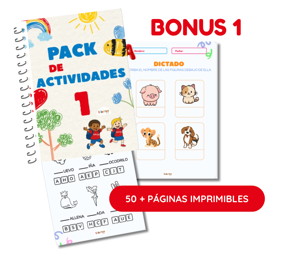 Cuaderno de actividades en español para niños de 3 a 8 años con ejercicios de letras, vocabulario, escritura y aprendizaje divertido.