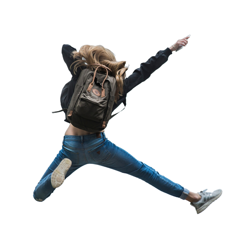 Woman with backpack jumping in the air