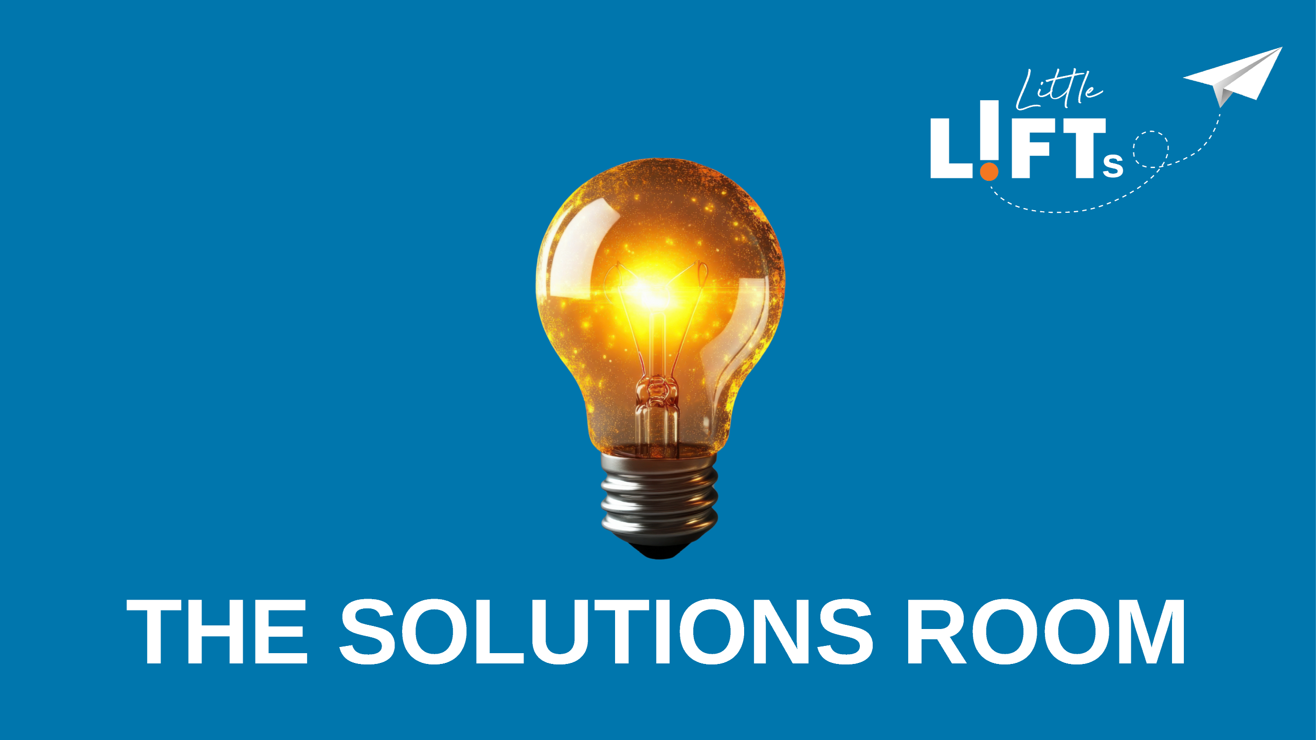 Shining lighbulb in sunny room with text The Solutions Room