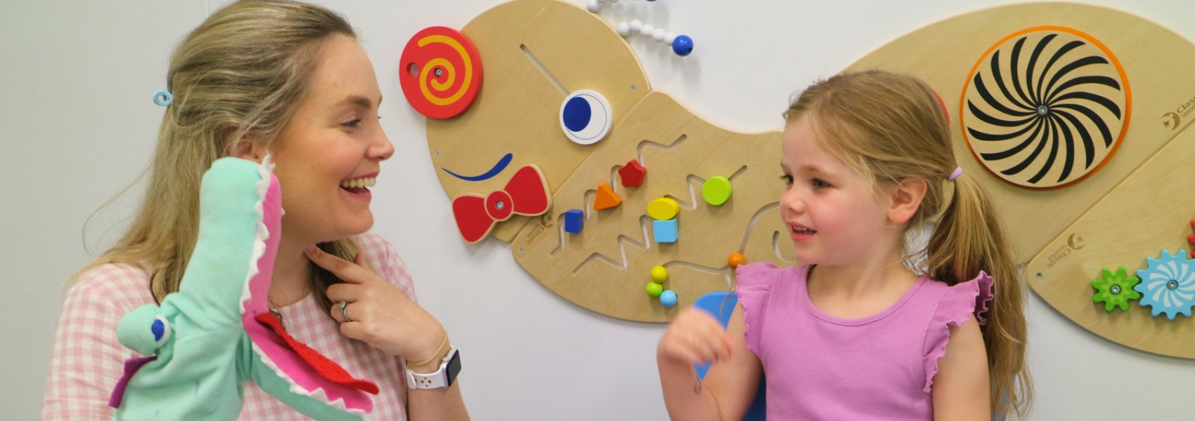 Child participating in a speech sound development therapy session with a speech pathologist to support clearer pronunciation and confident communication.
