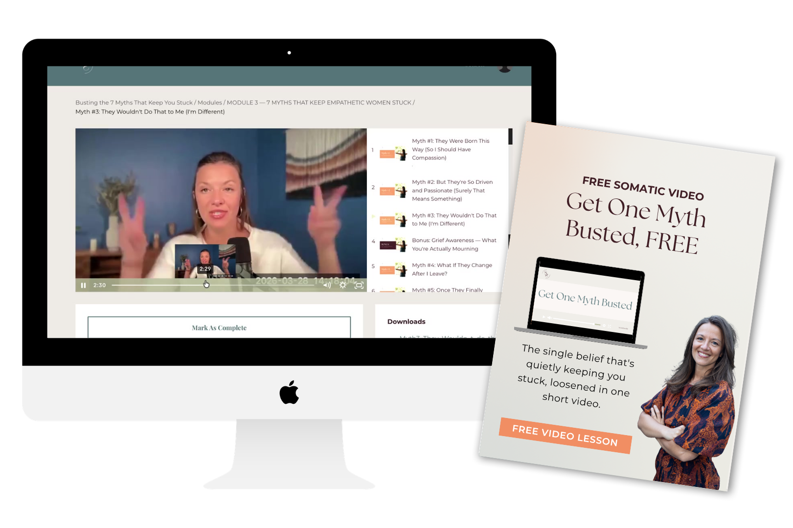 Free somatic myth video lesson preview on laptop and phone with Steffi Seefeld