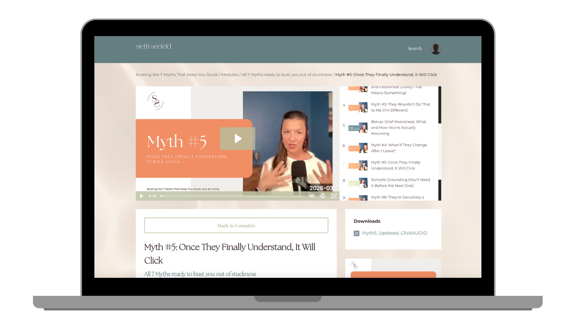 Myth 5: Once they finally understand it will click — course lesson preview on laptop