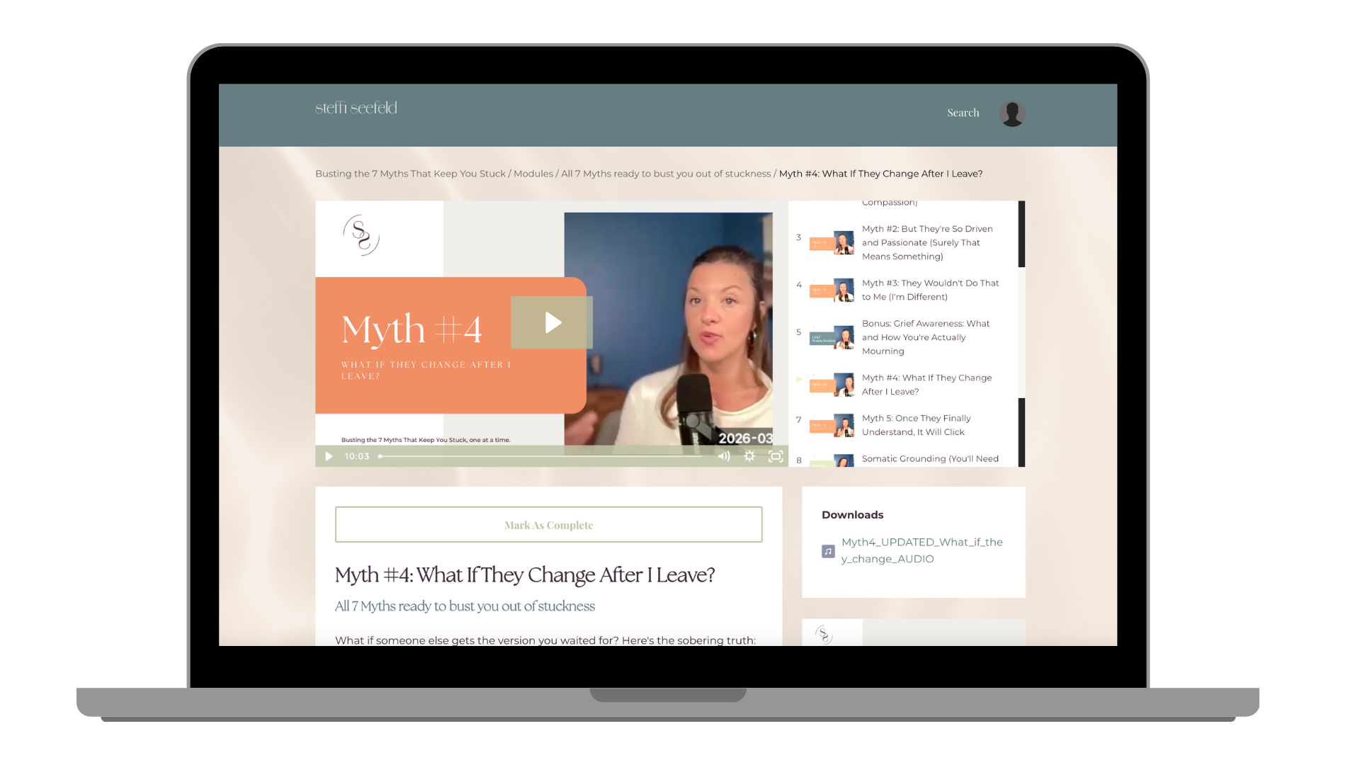 Myth 4: What if they change after I leave — course lesson preview on laptop