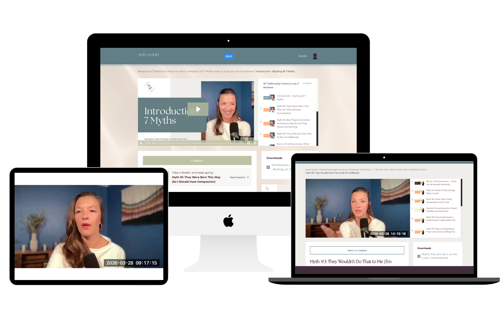 Busting the 7 Myths course preview on laptop with Steffi Seefeld