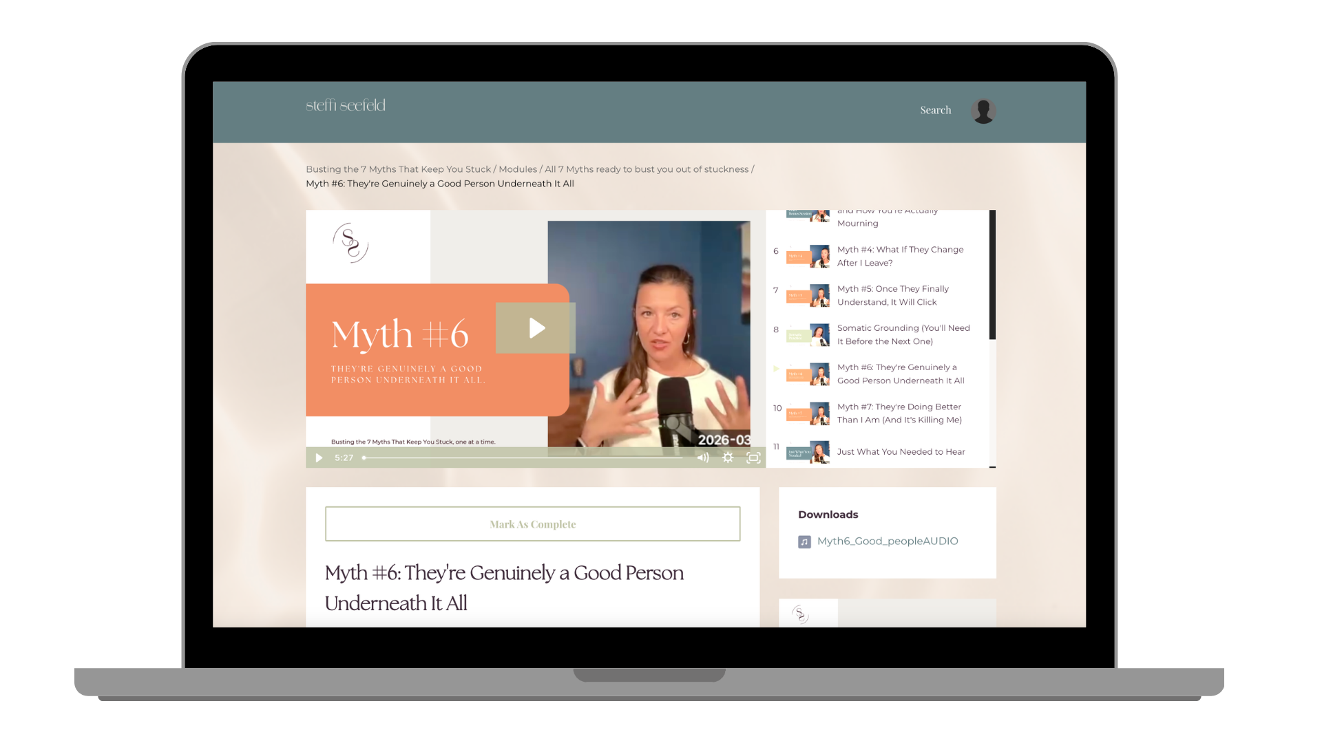 Myth 6: They're genuinely a good person underneath — course lesson preview on laptop