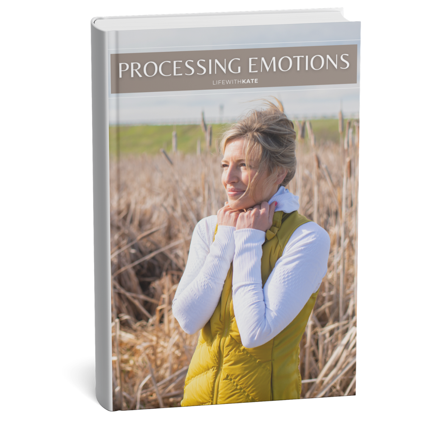 Processing Emotions guidebook cover mockup with Kate portrait in outdoor setting