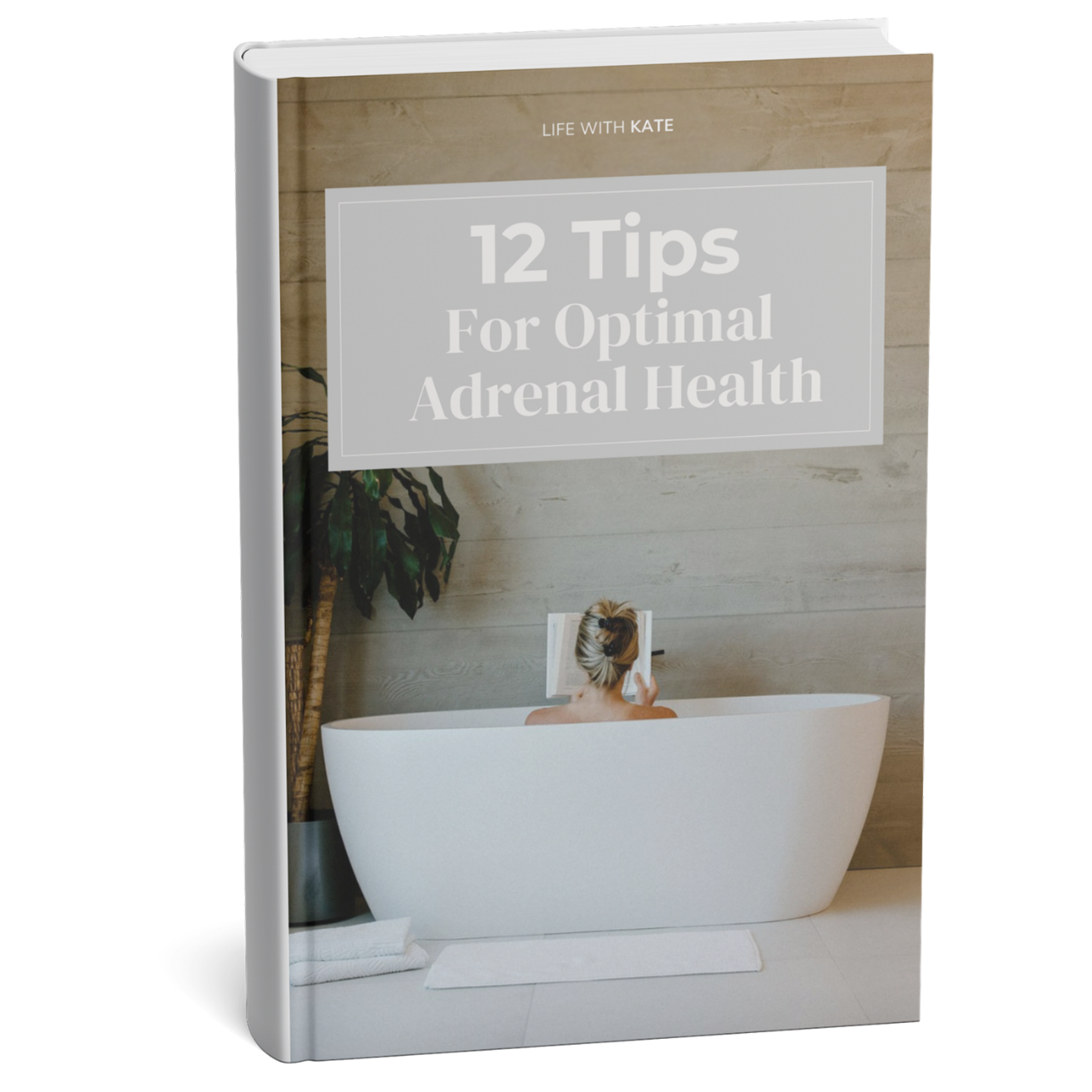 Adrenal l health guidebook cover mockup with Kate indoor calming portrait