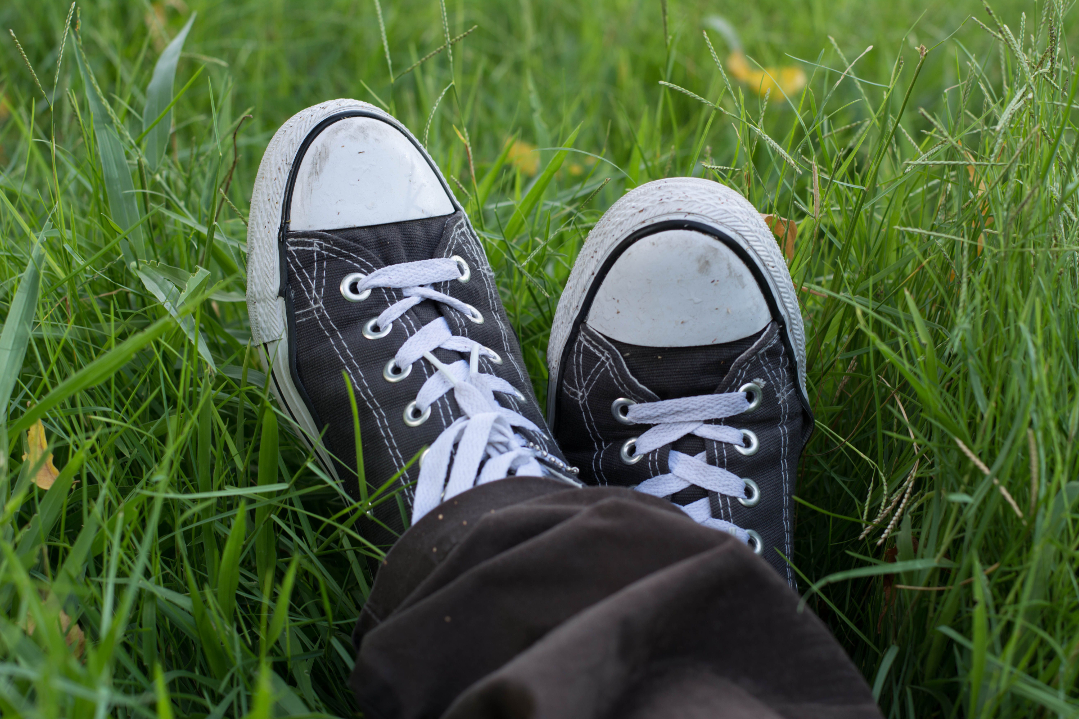 Two converse sneakers crossed in the grass, implying someone is laying very relaxed.