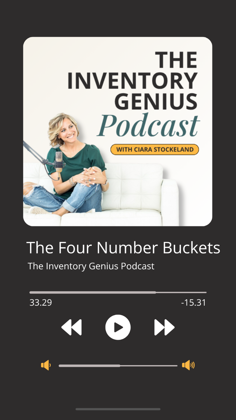 screenshot of the Inventory Genius Podcast player on a mobile device; episode playing is titled The Four Number Buckets