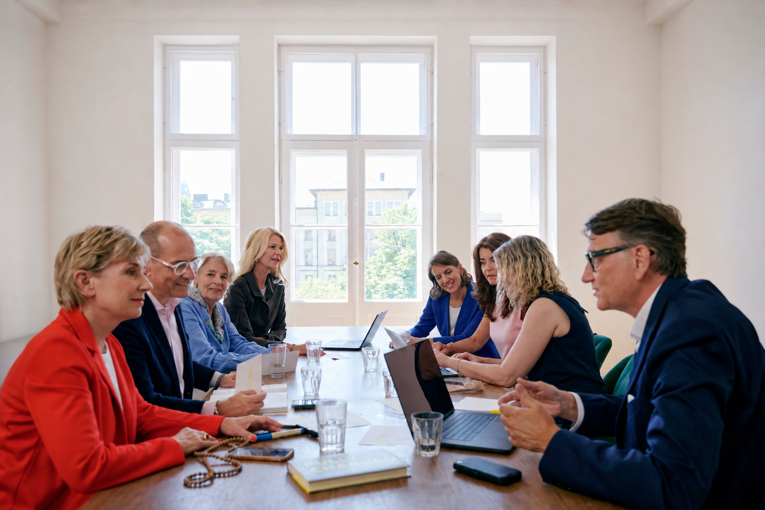 Gruppe von Führungskräften im Gespräch an einem Sitzungstisch, helles Altbaubüro.