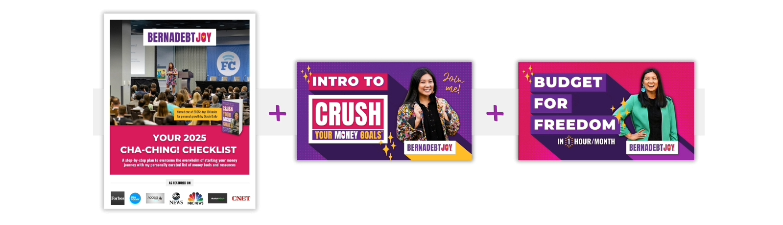 Cha-Ching Challenge cover + Intro to CRUSH Your Money Goals course graphic + Budget For Freedom course graphic + CRUSH Your Money Goals book cover