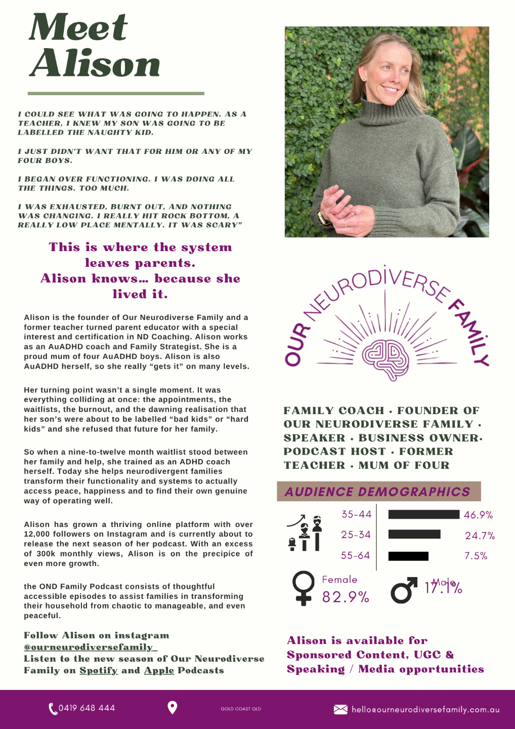 Alison Balson Podcast One Sheet. Image of Alison in a floral dress followed by her biography