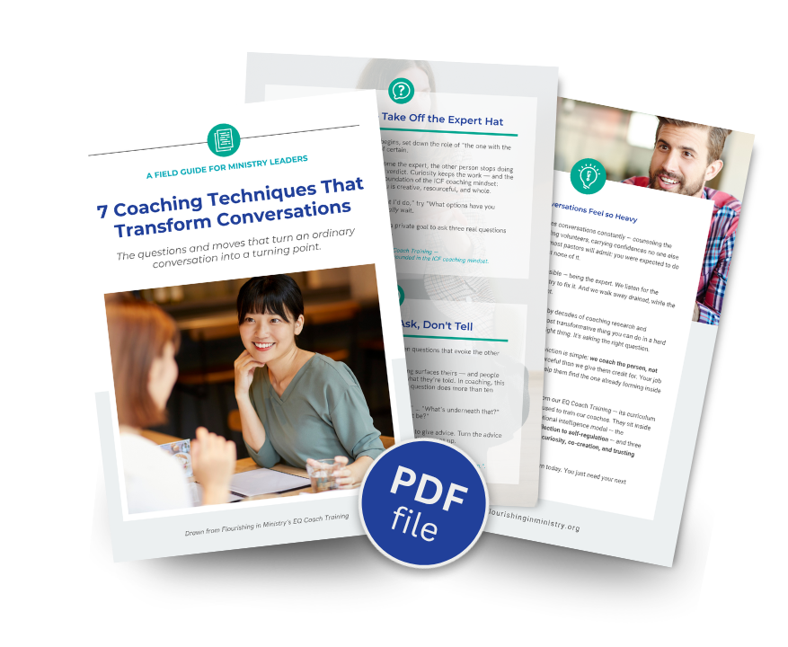 Cover of the free guide 7 Coaching Techniques That Transform Conversations: A field guide for ministry leaders