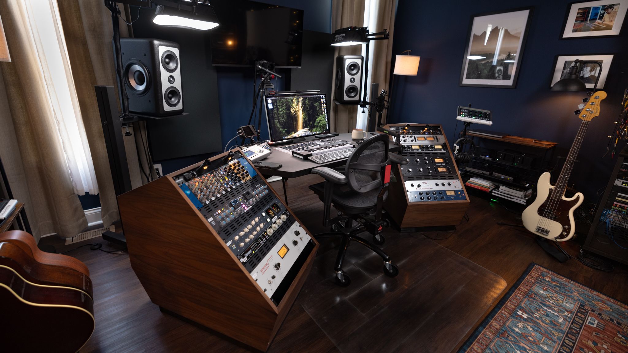 Studio gear staged and unorganized before a build