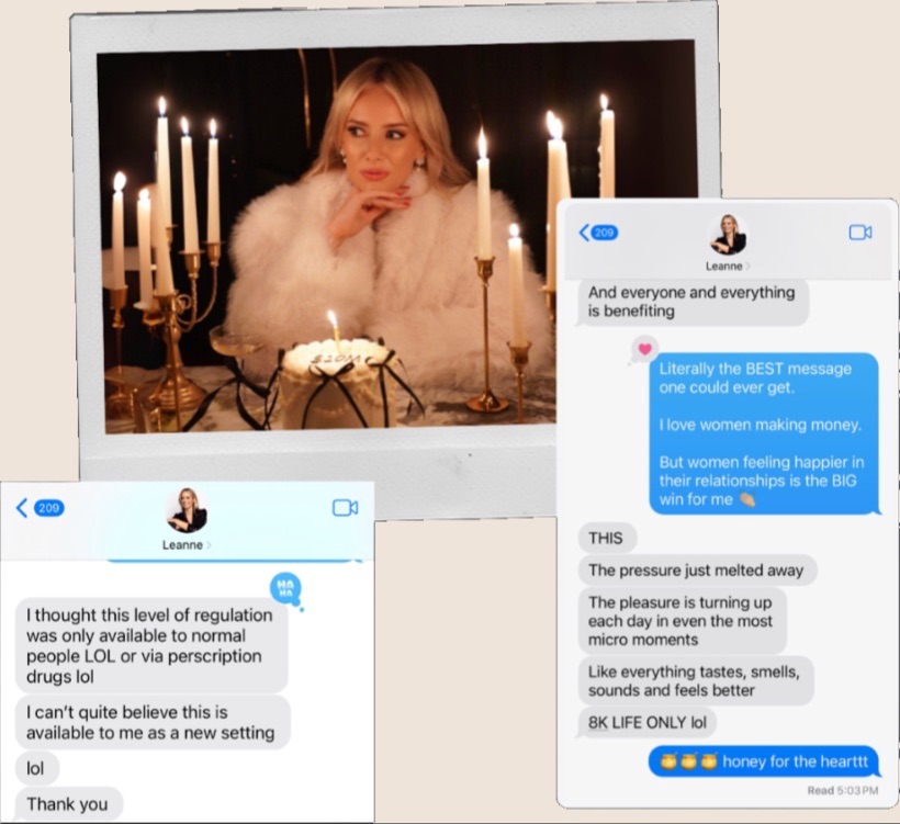Testimonial from Leanne Lopez Mosley — text messages and a candlelit portrait