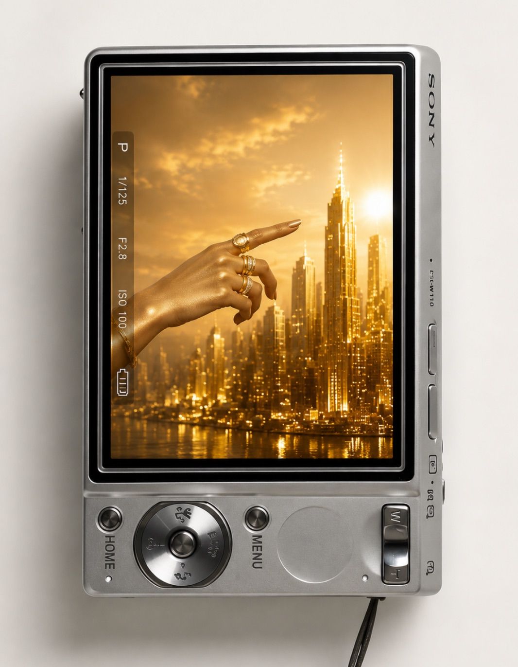 Camera screen showing a golden city skyline and a hand reaching toward it