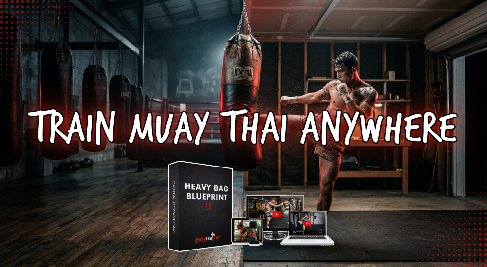 Train Muay Thai anywhere. A fighter working the heavy bag, split between a boxing gym and a home garage.