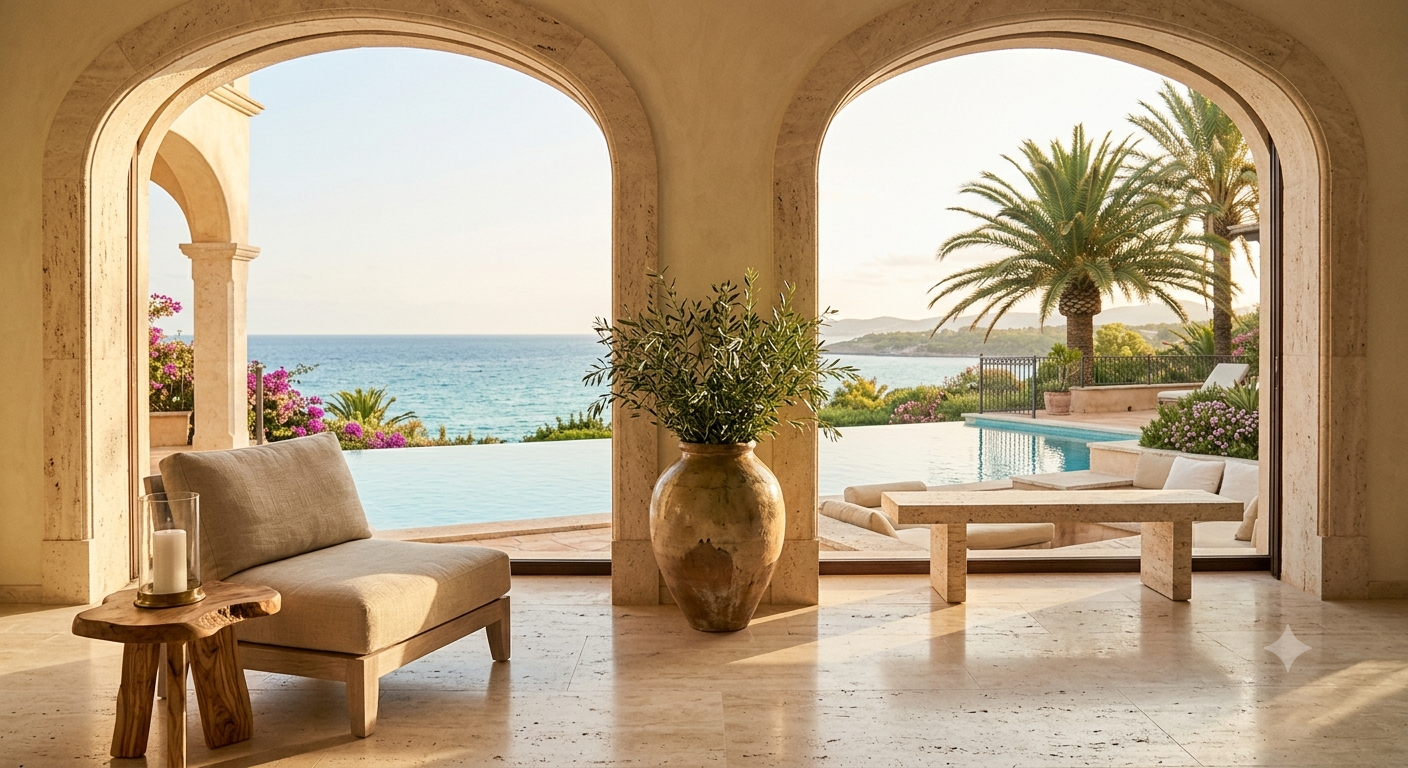 Ocean view terrace through an arched doorway