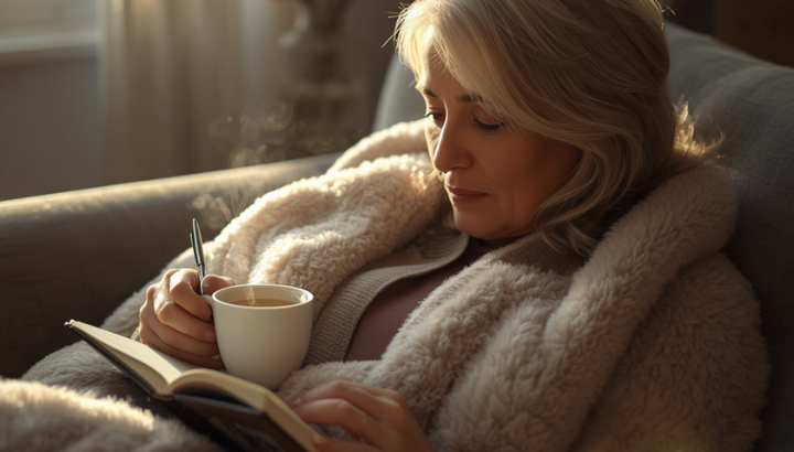 woman older than 40 sitting with journal, pen and coffee, wrapped in a balnket
