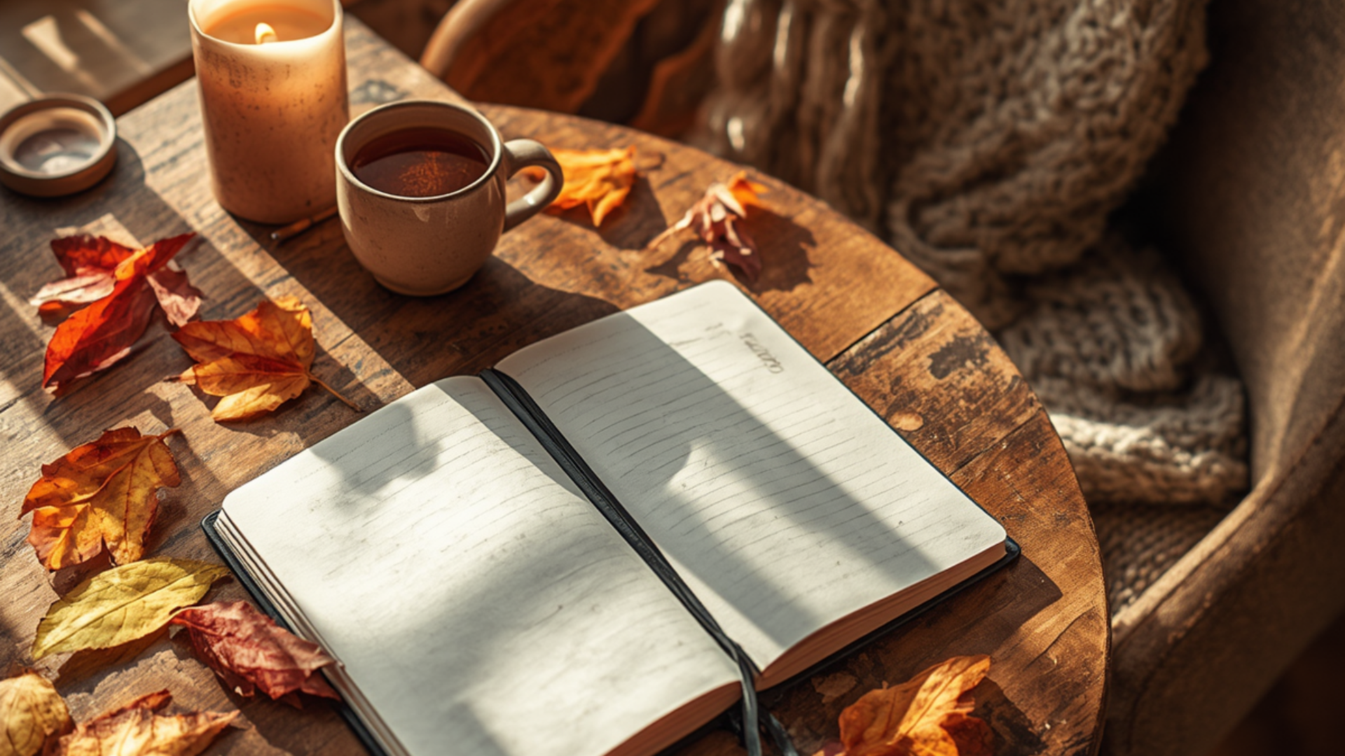 warm cozy shot of open journal with leaves, blanket
