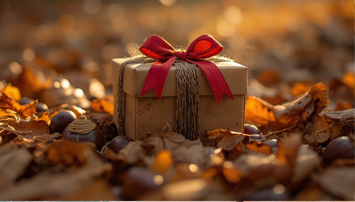 Gift Box on Fall forest ground full of bonuses