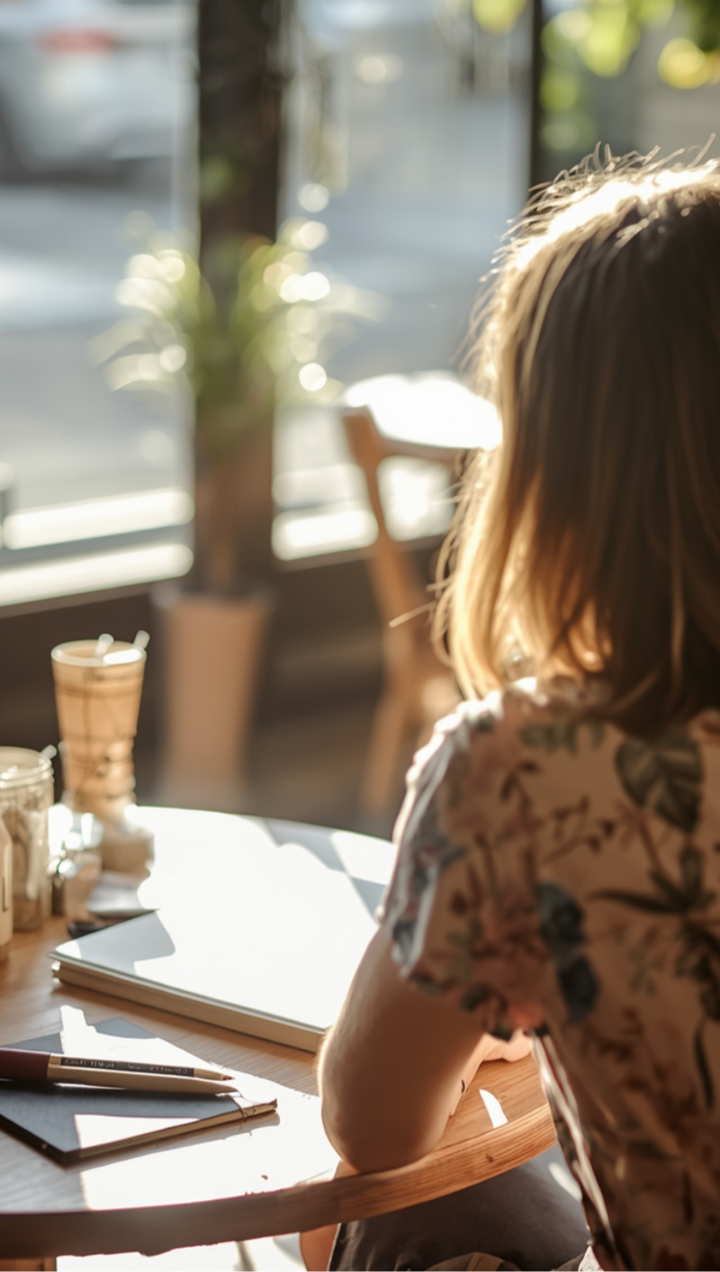woman in cafe journaling 'Fall Into Creation' by Barbara Lynn Burns