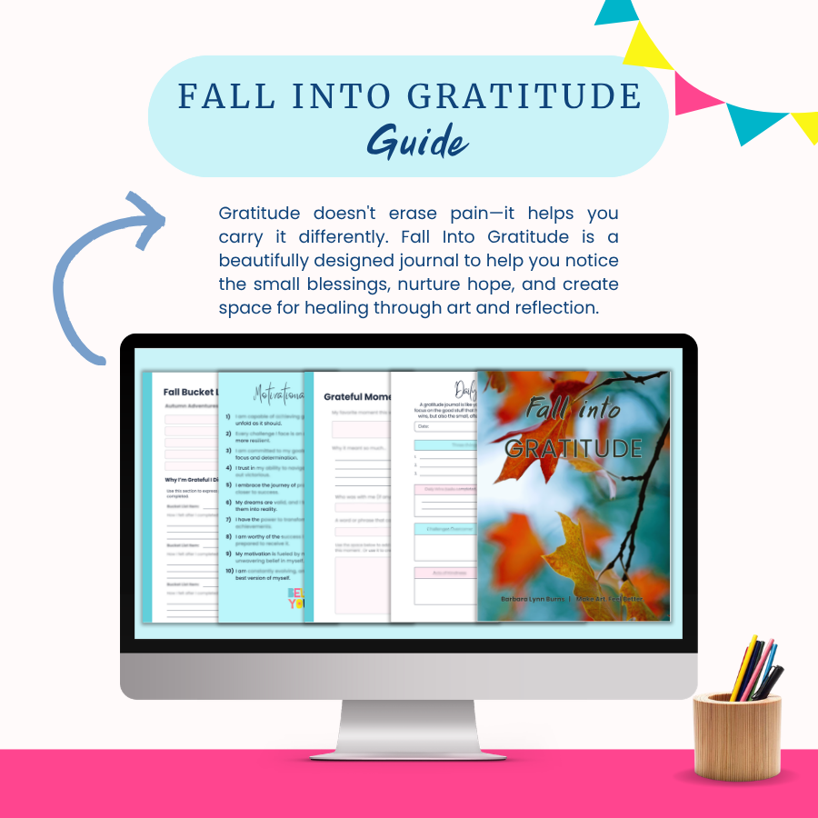 Computer with Fall Into Gratitude Guide on it