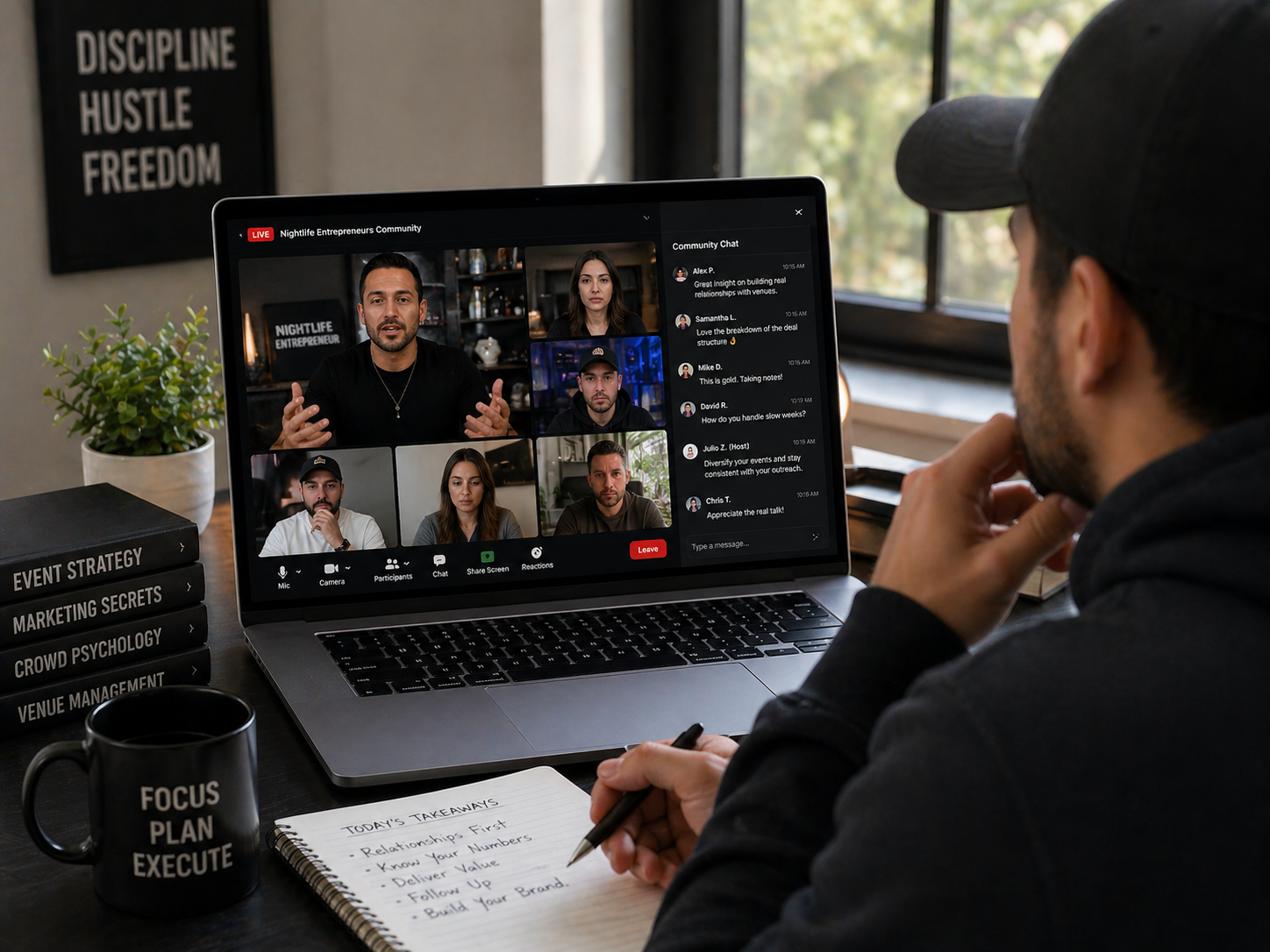 Young event promoter learning professional promotion systems in an online workshop.
