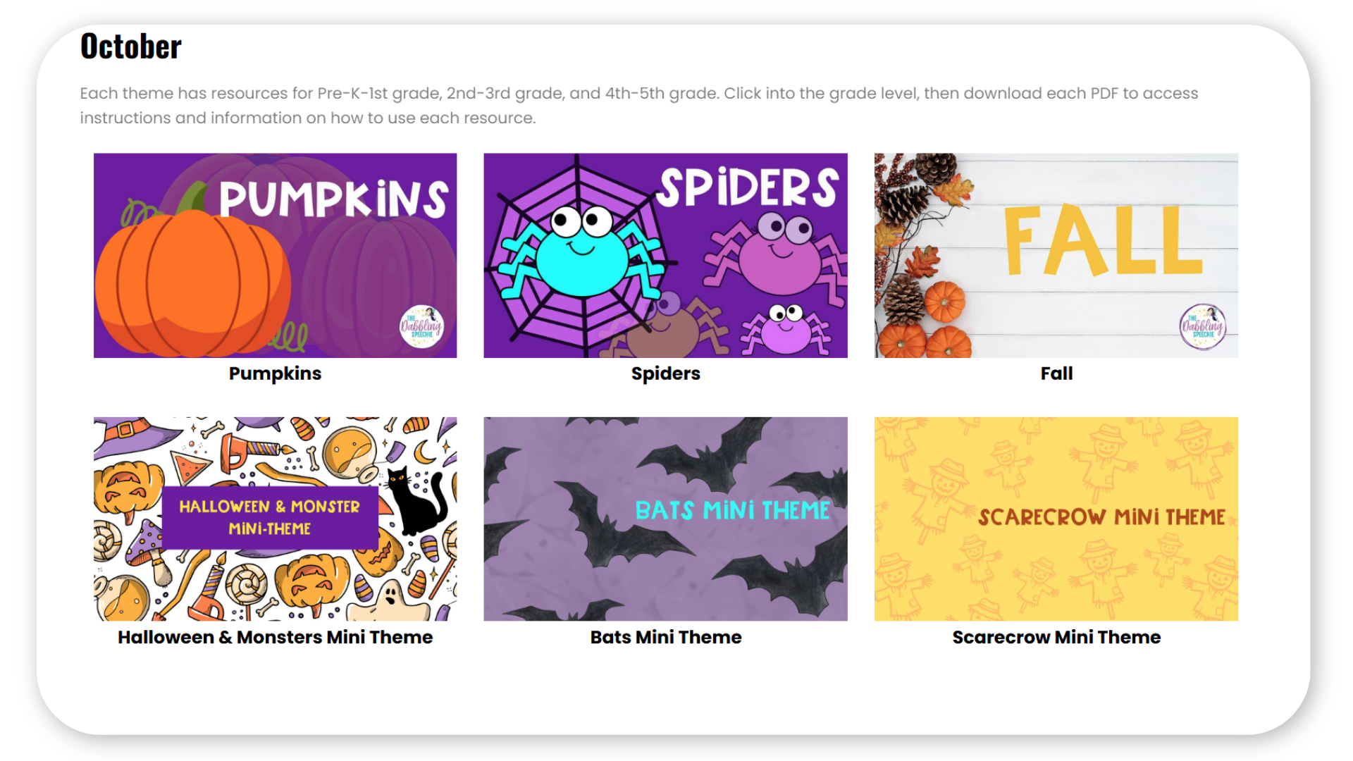 Examples of monthly themed speech therapy units