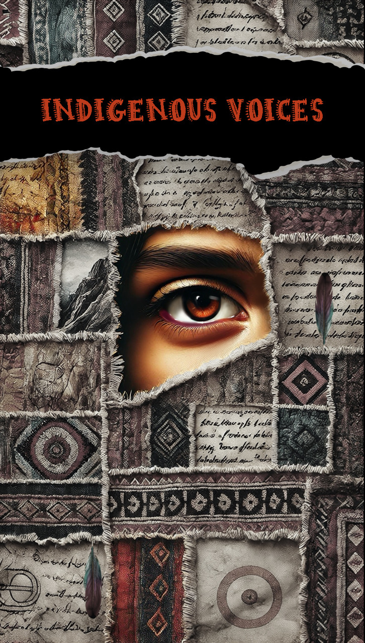 Indigenous Voices anthology cover concept art by Kait Matthews — a patchwork of woven textile and pattern panels torn open to reveal an eye