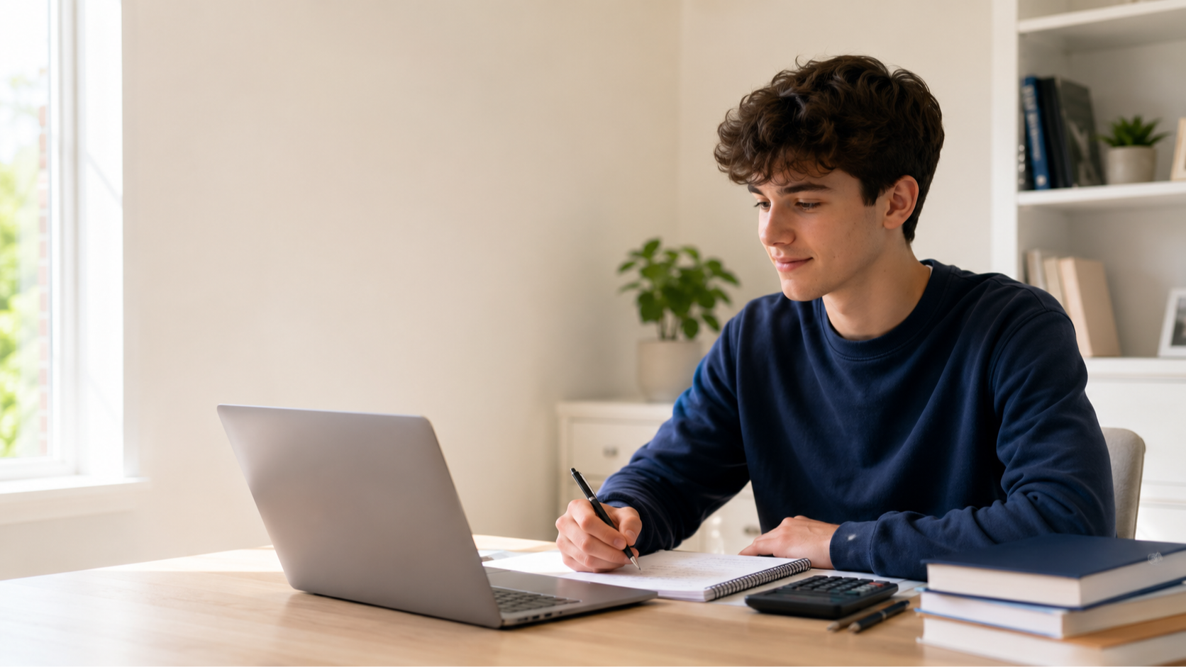 Pa relaxed Year 12-aged student studying at home with a laptop and notepad, natural light
