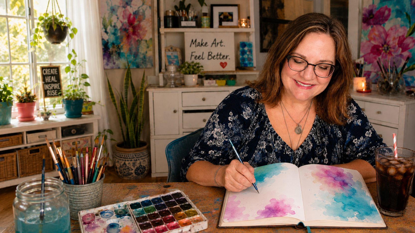 Barbara Lynn Burns creating in her journal