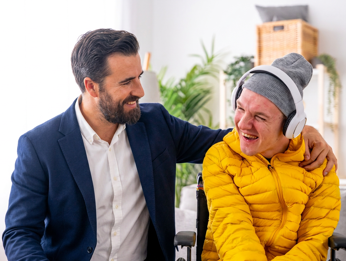 A diverse team including wheelchair users together in an office