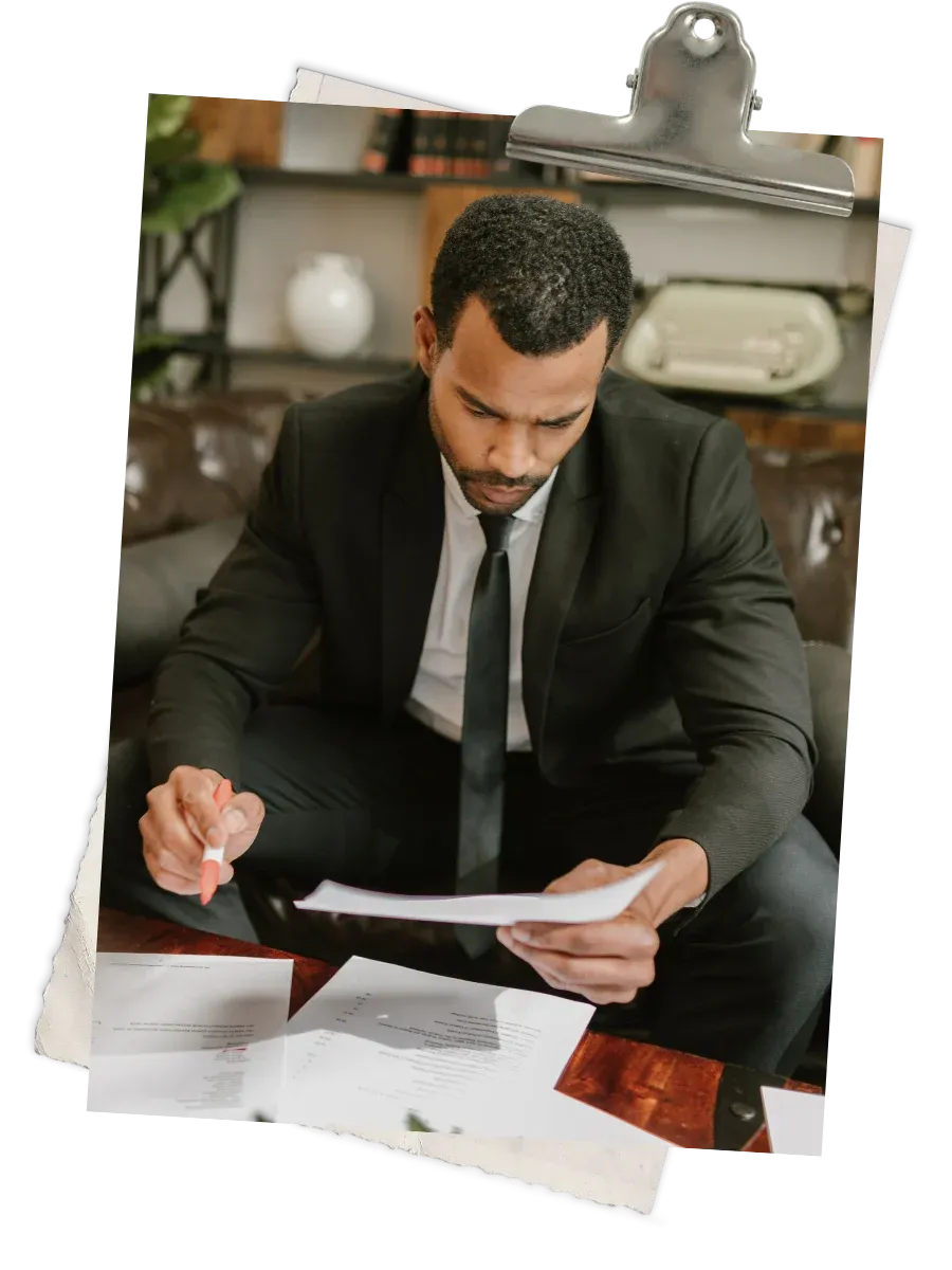 Black male lawyer in a suit reviewing printed business development notes and follow-up records at his desk