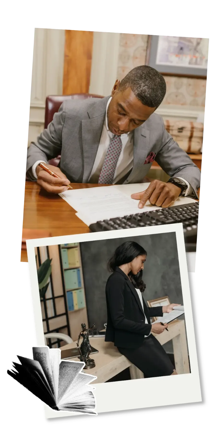 Two Black lawyers, a man and woman, reviewing case documents in their law offices while building their business development track record