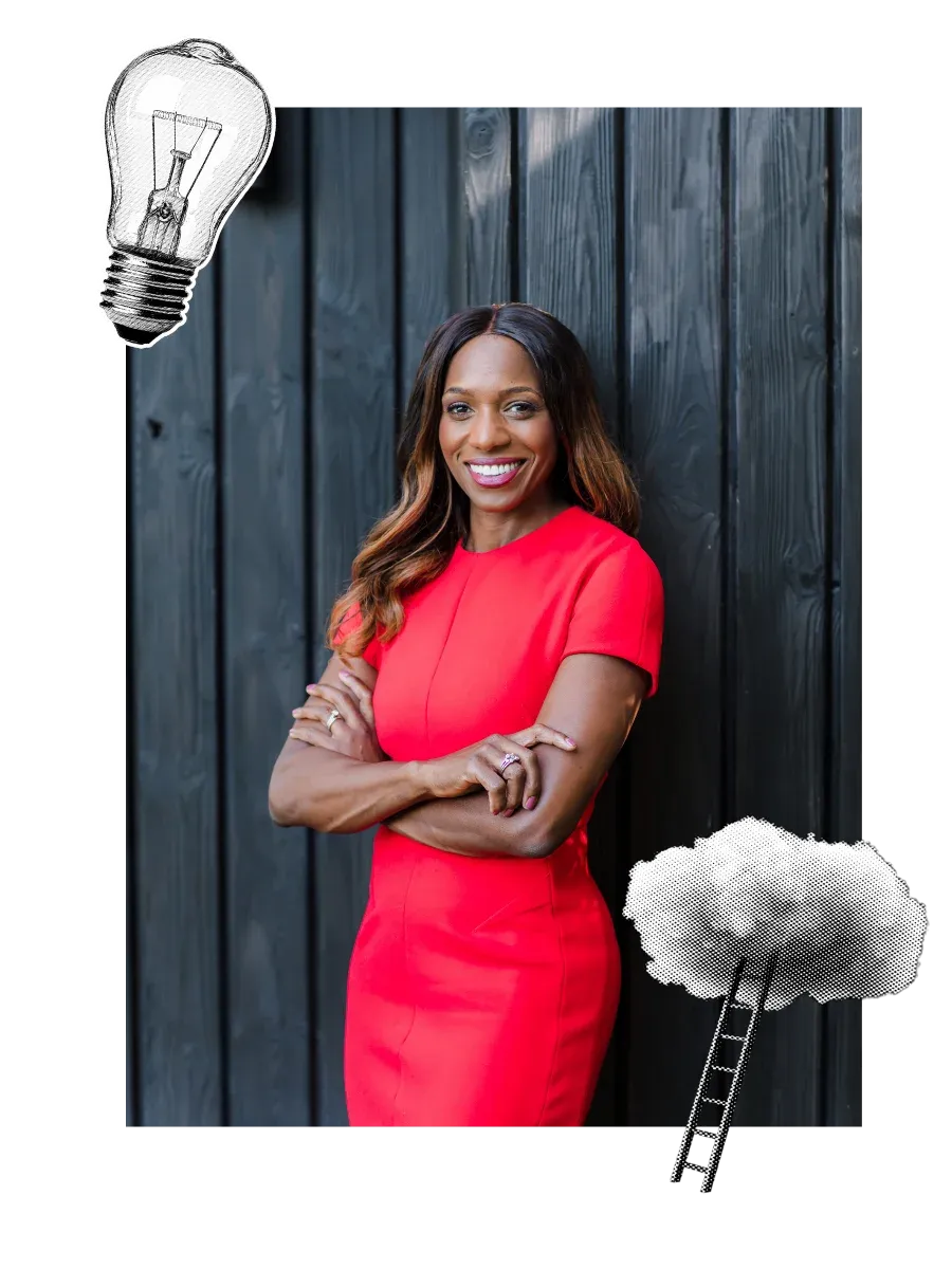 Caroline Flanagan, executive coach for Black lawyers, smiling to the camera in a red dress