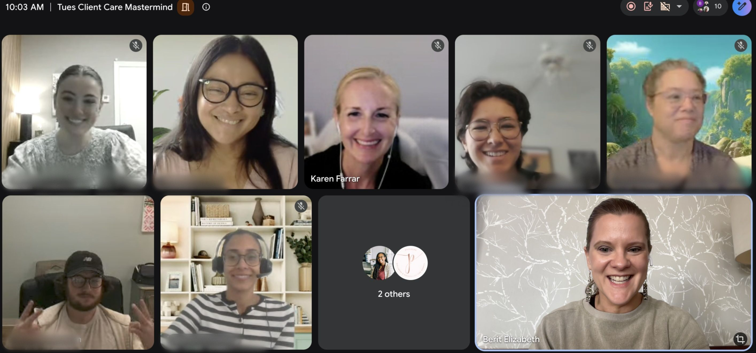 A Tuesday Client Care Mastermind meeting on Zoom, ten Client Care Extraordinaires from practices across the country