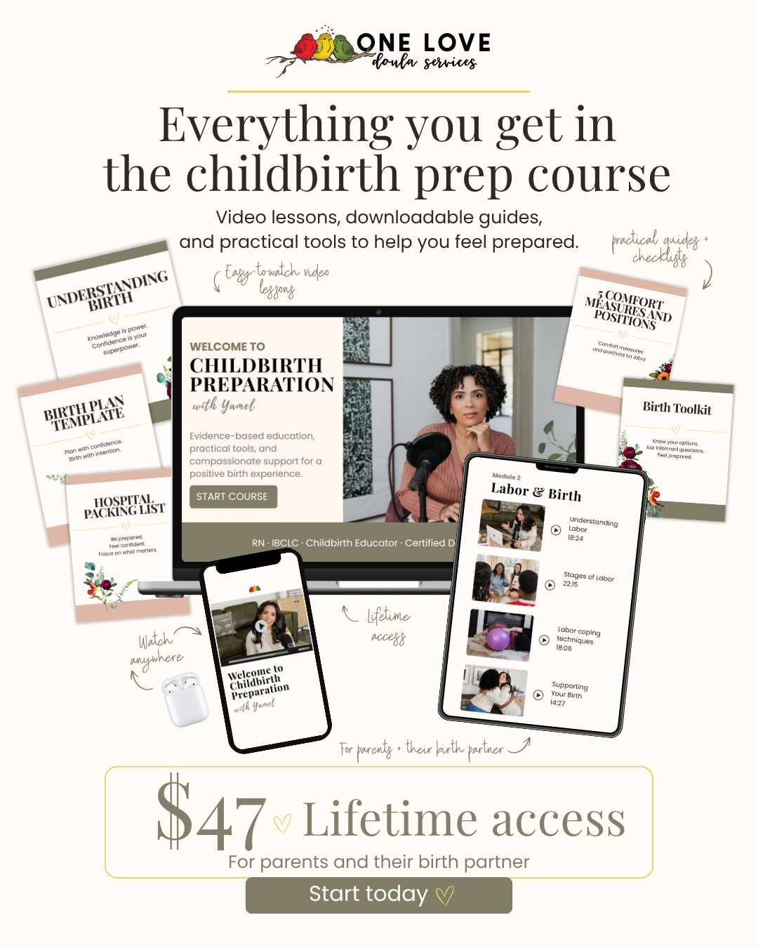 Everything you get in the childbirth prep course: video lessons on laptop, tablet and phone, plus the Understanding Birth guide, Birth Plan Template, Hospital Packing List, 5 Comfort Measures and Positions, and Birth Toolkit.