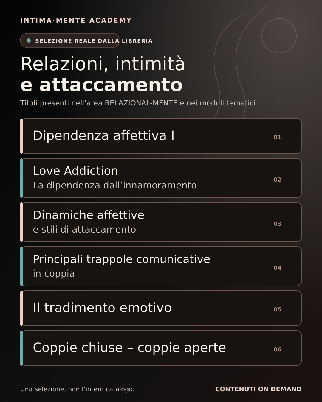 Masterclass di INTIMA·MENTE Academy su dipendenza affettiva, stili di attaccamento, comunicazione di coppia e tradimento.