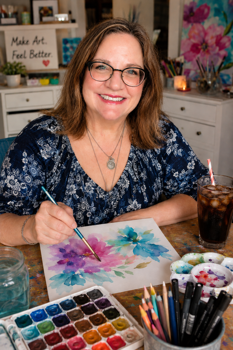 Image of Barbara Lynn Burns painting yet looking at camera