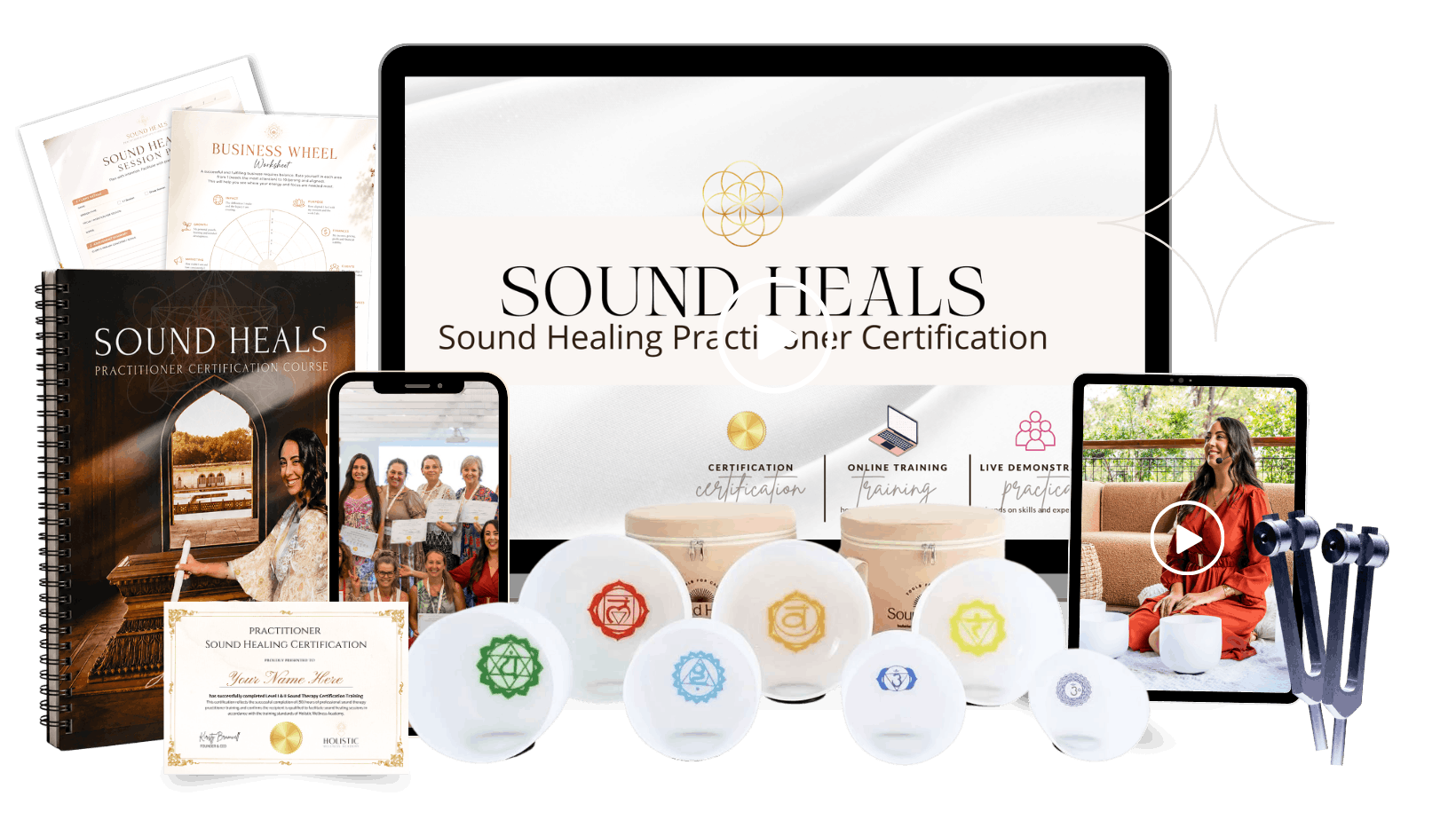 Accredited Sound Healing Practitioner Certification online training course with practitioner manual, workbook and digital learning resources
