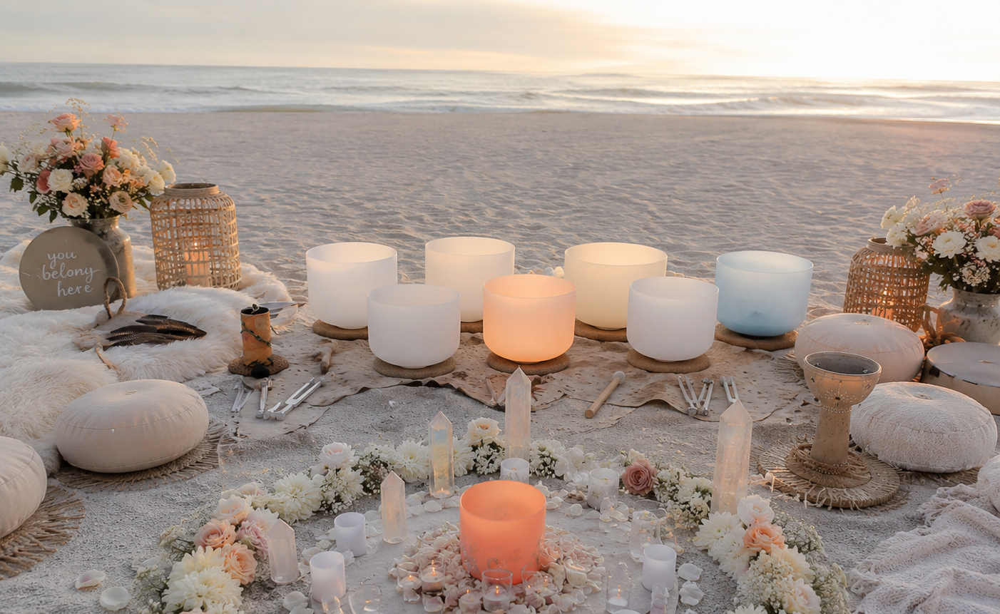 crystal sound bath by the beach at sunset